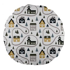Abstract Seamless Pattern With Cute Houses Trees Road Large 18  Premium Flano Round Cushions by Vaneshart