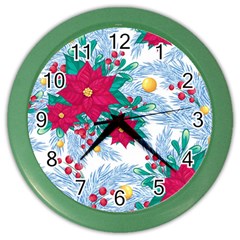 Seamless Winter Pattern With Poinsettia Red Berries Christmas Tree Branches Golden Balls Color Wall Clock by Vaneshart