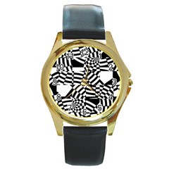 Black And White Crazy Pattern Round Gold Metal Watch by Sobalvarro