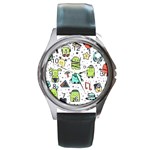 Seamless Pattern With Funny Monsters Cartoon Hand Drawn Characters Colorful Unusual Creatures Round Metal Watch Front