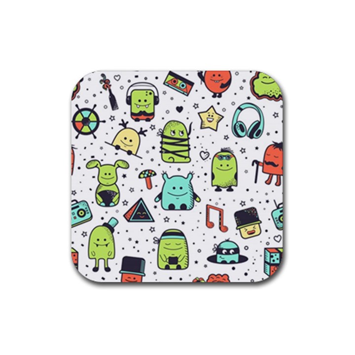 Seamless Pattern With Funny Monsters Cartoon Hand Drawn Characters Colorful Unusual Creatures Rubber Coaster (Square) 