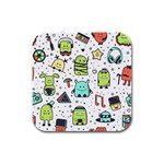 Seamless Pattern With Funny Monsters Cartoon Hand Drawn Characters Colorful Unusual Creatures Rubber Square Coaster (4 pack)  Front