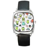 Seamless Pattern With Funny Monsters Cartoon Hand Drawn Characters Colorful Unusual Creatures Square Metal Watch