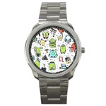 Seamless Pattern With Funny Monsters Cartoon Hand Drawn Characters Colorful Unusual Creatures Sport Metal Watch