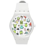 Seamless Pattern With Funny Monsters Cartoon Hand Drawn Characters Colorful Unusual Creatures Round Plastic Sport Watch (M)