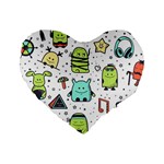 Seamless Pattern With Funny Monsters Cartoon Hand Drawn Characters Colorful Unusual Creatures Standard 16  Premium Heart Shape Cushions