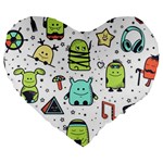 Seamless Pattern With Funny Monsters Cartoon Hand Drawn Characters Colorful Unusual Creatures Large 19  Premium Heart Shape Cushions