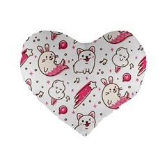 Cute Animals Seamless Pattern Kawaii Doodle Style Standard 16  Premium Flano Heart Shape Cushions by Vaneshart