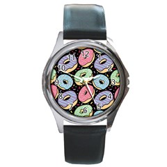 Colorful Donut Seamless Pattern On Black Vector Round Metal Watch by Sobalvarro