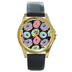 Colorful Donut Seamless Pattern On Black Vector Round Gold Metal Watch by Sobalvarro