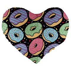 Colorful Donut Seamless Pattern On Black Vector Large 19  Premium Heart Shape Cushions by Sobalvarro