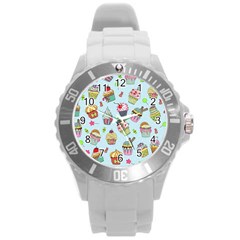 Cupcake Doodle Pattern Round Plastic Sport Watch (l) by Sobalvarro
