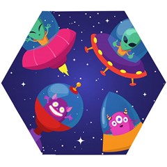 Cartoon Funny Aliens With Ufo Duck Starry Sky Set Wooden Puzzle Hexagon by Vaneshart