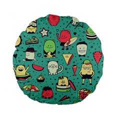 Seamless Pattern With Funny Monsters Cartoon Hand Drawn Characters Unusual Creatures Standard 15  Premium Flano Round Cushions by Vaneshart