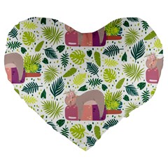 Cute Sloth Sleeping Ice Cream Surrounded By Green Tropical Leaves Large 19  Premium Flano Heart Shape Cushions by Vaneshart