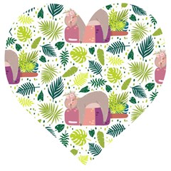 Cute Sloth Sleeping Ice Cream Surrounded By Green Tropical Leaves Wooden Puzzle Heart by Vaneshart