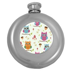 Forest Seamless Pattern With Cute Owls Round Hip Flask (5 Oz) by Vaneshart