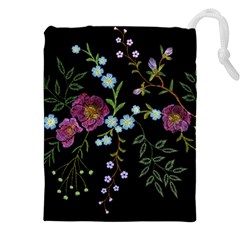 Embroidery Trend Floral Pattern Small Branches Herb Rose Drawstring Pouch (5xl) by Vaneshart