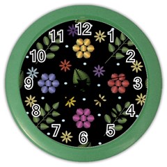 Embroidery Seamless Pattern With Flowers Color Wall Clock by Vaneshart
