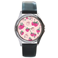Seamless Strawberry Fruit Pattern Background Round Metal Watch by Vaneshart