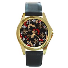 Christmas Pattern With Snowflakes Berries Round Gold Metal Watch by Vaneshart
