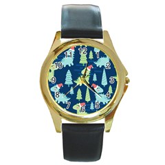Cute-dinosaurs-animal-seamless-pattern-doodle-dino-winter-theme Round Gold Metal Watch by Vaneshart