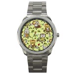 Seamless pattern with flowers owls Sport Metal Watch