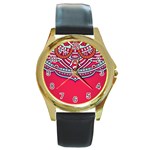 Red Mandala Round Gold Metal Watch
