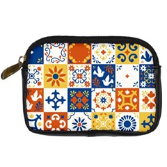 Mexican Talavera Pattern Ceramic Tiles With Flower Leaves Bird Ornaments Traditional Majolica Style Digital Camera Leather Case by BangZart