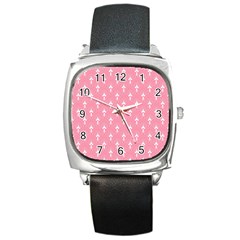 White And Pink Art-deco Pattern Square Metal Watch by Dushan