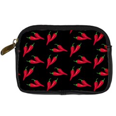 Red, Hot Jalapeno Peppers, Chilli Pepper Pattern At Black, Spicy Digital Camera Leather Case by Casemiro