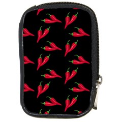 Red, Hot Jalapeno Peppers, Chilli Pepper Pattern At Black, Spicy Compact Camera Leather Case by Casemiro