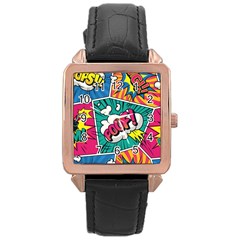 Comic Colorful Seamless Pattern Rose Gold Leather Watch  by Amaryn4rt