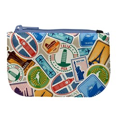 Travel Pattern Immigration Stamps Stickers With Historical Cultural Objects Travelling Visa Immigrant Large Coin Purse by Amaryn4rt