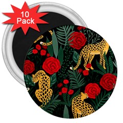Seamless-pattern-with-leopards-and-roses-vector 3  Magnets (10 Pack)  by Sobalvarro
