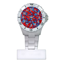 Red And Blue Camouflage Pattern Plastic Nurses Watch by SpinnyChairDesigns