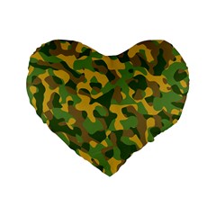 Yellow Green Brown Camouflage Standard 16  Premium Flano Heart Shape Cushions by SpinnyChairDesigns