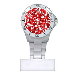 Red And White Camouflage Pattern Plastic Nurses Watch by SpinnyChairDesigns