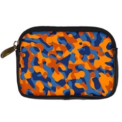 Blue And Orange Camouflage Pattern Digital Camera Leather Case by SpinnyChairDesigns