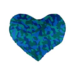 Blue Turquoise Teal Camouflage Pattern Standard 16  Premium Flano Heart Shape Cushions by SpinnyChairDesigns
