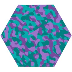 Purple And Teal Camouflage Pattern Wooden Puzzle Hexagon by SpinnyChairDesigns