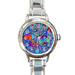 Cosmos Flowers Blue Red Round Italian Charm Watch by DinkovaArt