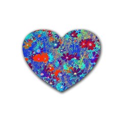 Cosmos Flowers Blue Red Rubber Coaster (heart)  by DinkovaArt