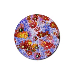 Cosmos Flowers Brown Rubber Coaster (round)  by DinkovaArt