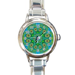 Peacock Mandala Kaleidoscope Arabesque Pattern Round Italian Charm Watch by SpinnyChairDesigns