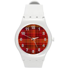 Red Brown Orange Plaid Pattern Round Plastic Sport Watch (m)