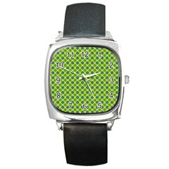 Green Polka Dots Spots Pattern Square Metal Watch