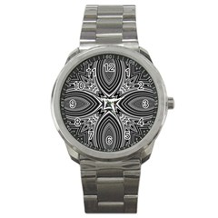 Black And White Intricate Pattern Sport Metal Watch by SpinnyChairDesigns