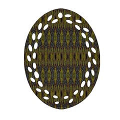 Olive Green And Blue Ikat Pattern Ornament (oval Filigree) by SpinnyChairDesigns