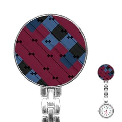 Burgundy Black Blue Abstract Check Pattern Stainless Steel Nurses Watch by SpinnyChairDesigns
